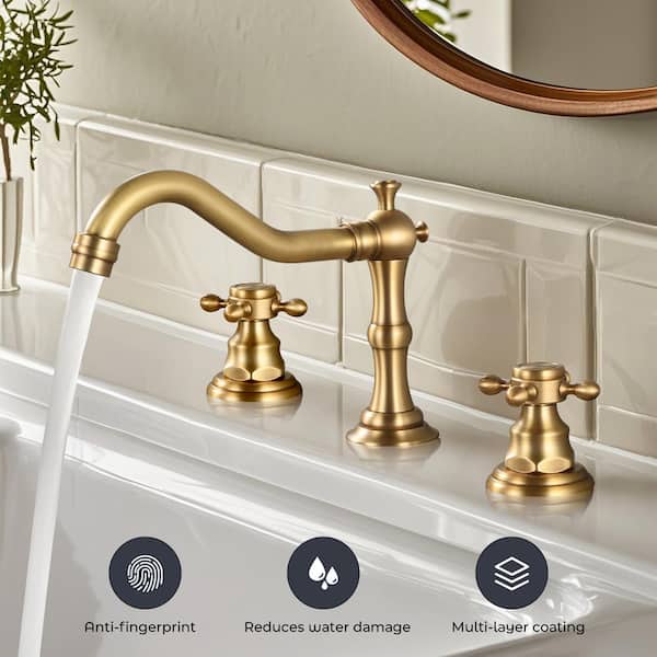 2 Handles 8 in. Widespread Bathroom Faucet 3-Hole Bathroom Sink Faucet With Pop-up Drain in Antique Brass