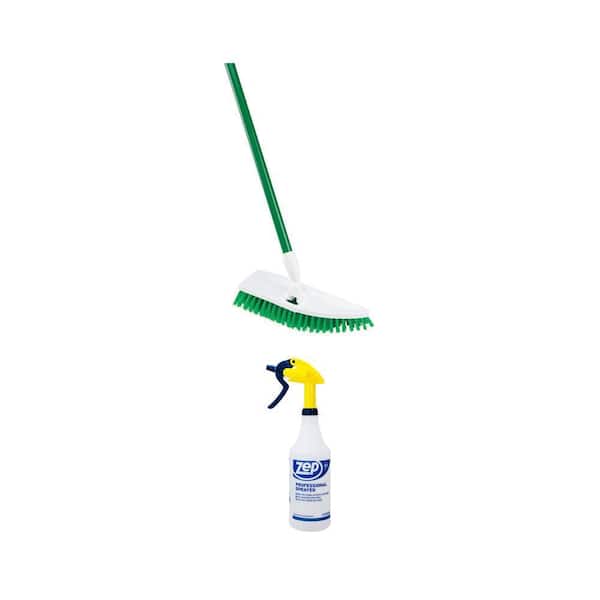 No Knees Floor Scrub Brush with Steel Handle and 32 oz. Professional Spray Bottle Combo