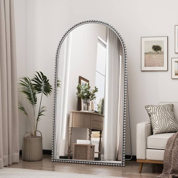 Silver 35.43 in. W x 65.75 in. H Arch Metal Full Length Mirror/ Floor Mirror with Sturdy Iron Base