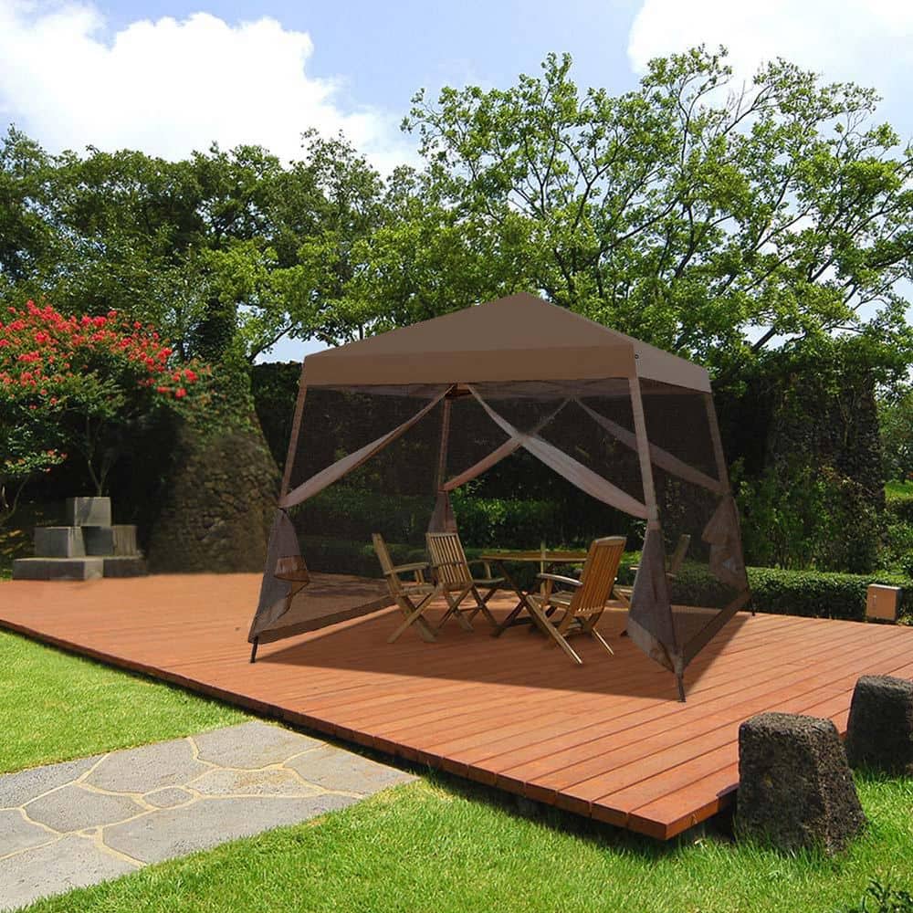 10x10 Brown Steel Pop-Up Patio Gazebo with Netting