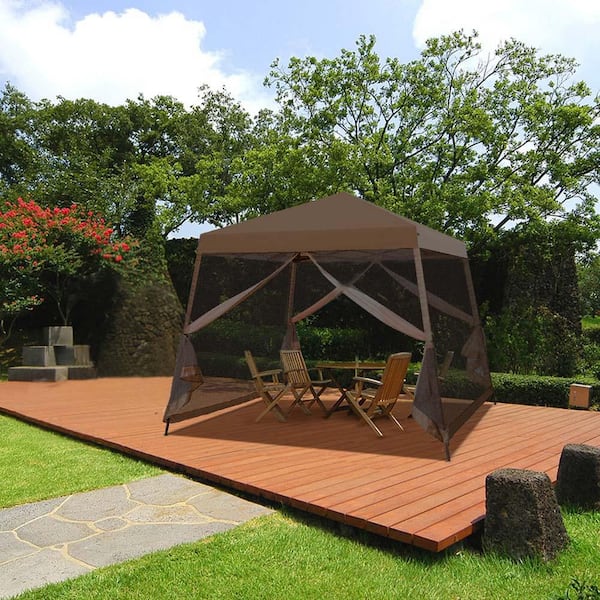 COOS BAY 10 ft. x 10 ft. Brown Patio Outdoor Instant Slant Leg Pop-up Canopy with Mesh Tent