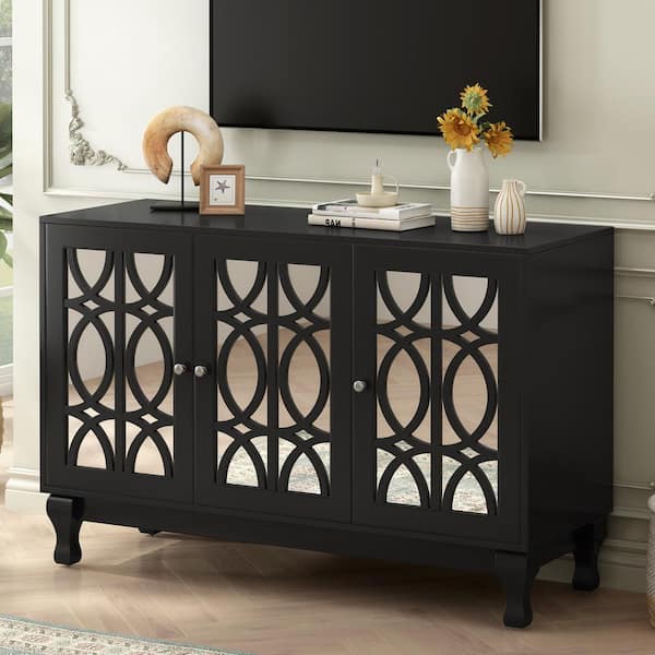 Polibi Black TV Stand Fits TV's up to 55 in. with Solid Wood Legs, Metal Handle and 3-Adjustable Shelves