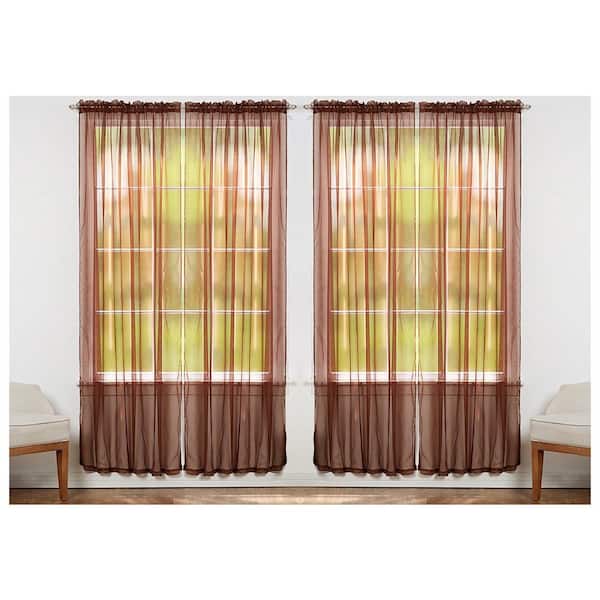 J&V TEXTILES Solid Coffee 55 in. W x 84 in. L Rod Pocket Sheer Window Curtain Panel (Set of 4)