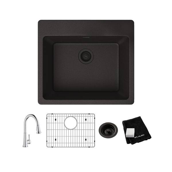 Elkay Quartz Classic Black Quartz 25 in. Single Bowl Drop-In Kitchen Sink with Faucet, Bottom Grid and Drain