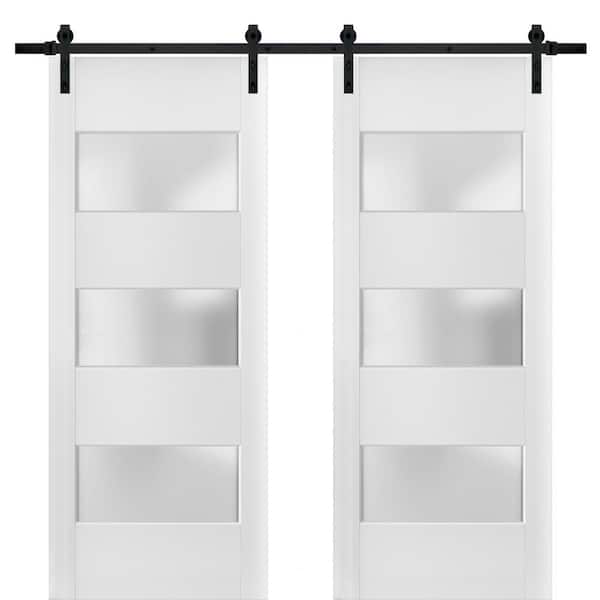 Lucia 4070 60 in. x 84 in. 3 Lites Frosted Glass White Finished Pine Wood Sliding Barn Door with Hardware Kit