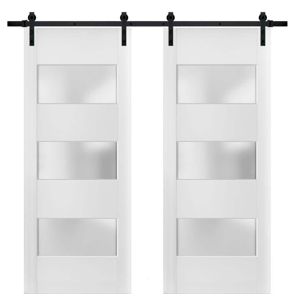Assemble Required 72 in. x 80 in. 3-Lites Frosted Glass White Finished Pine Wood Sliding Barn Door with Hardware Kit price history on PriceWatchPro
