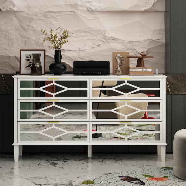 FUFU&GAGA 15.7 in. D x 30.3 in. H White 6 Mirrored Drawers High Gloss Mirrored 55.1 in. W Dresser Storage Organizer