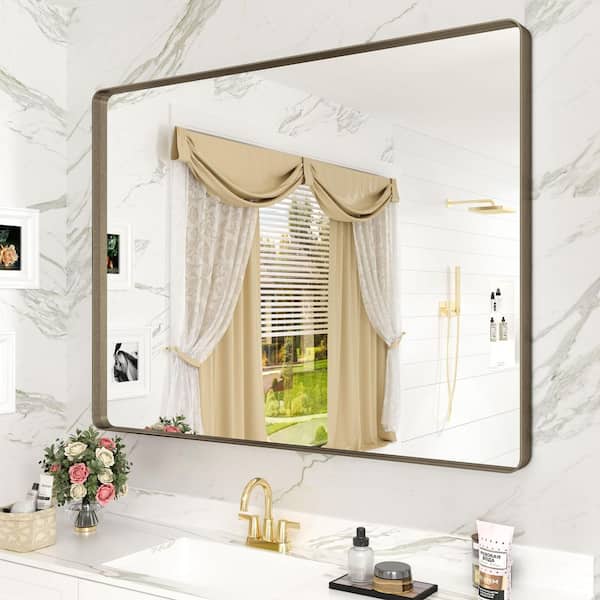 GODCHAR 40 in. W x 30 in. H Rectangular Aluminum Alloy Frame with Inner Deep Design and Tempered Glass Wall Mirror in Bronze