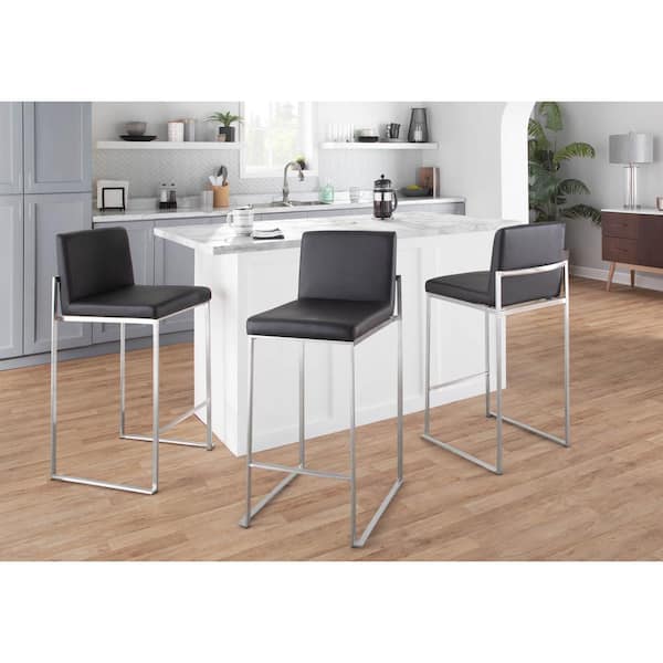 Lumisource Fuji High Back 26 in. Black Faux Leather and Stainless Steel Bar Stool (Set of 3)
