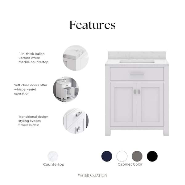 Madison 30 in. Vanity in Modern White with Marble Vanity Top in Carrara White