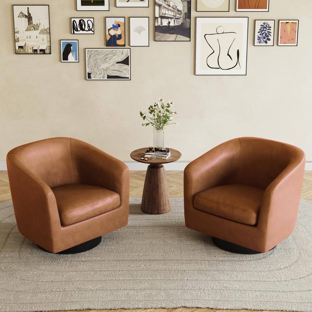 Uixe Brown PU Leather Upholstered 360° Swivel Accent Barrel Chair with ...