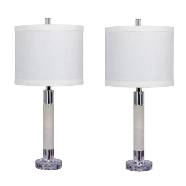 Fangio Lighting Pair of 26 in. Smooth Column Table Lamps in a Clear Crystal and Snow Marble