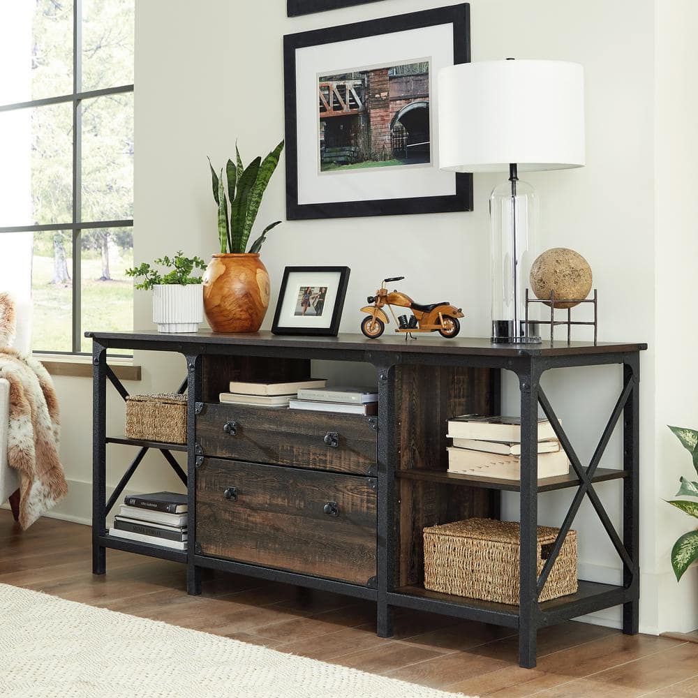 Brown Wood Credenza with Drawer and Filing Cabinet