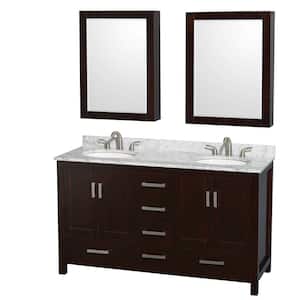 Sheffield 60 in. W x 22 in. D x 35 in. H Double Bath Vanity in Espresso with White Carrara Marble Top and MC Mirrors