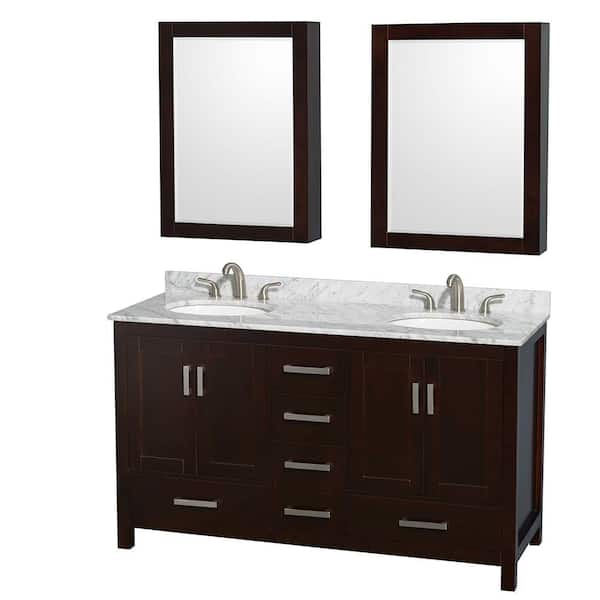 Wyndham Collection Sheffield 60 in. W x 22 in. D x 35 in. H Double Bath Vanity in Espresso with White Carrara Marble Top and MC Mirrors