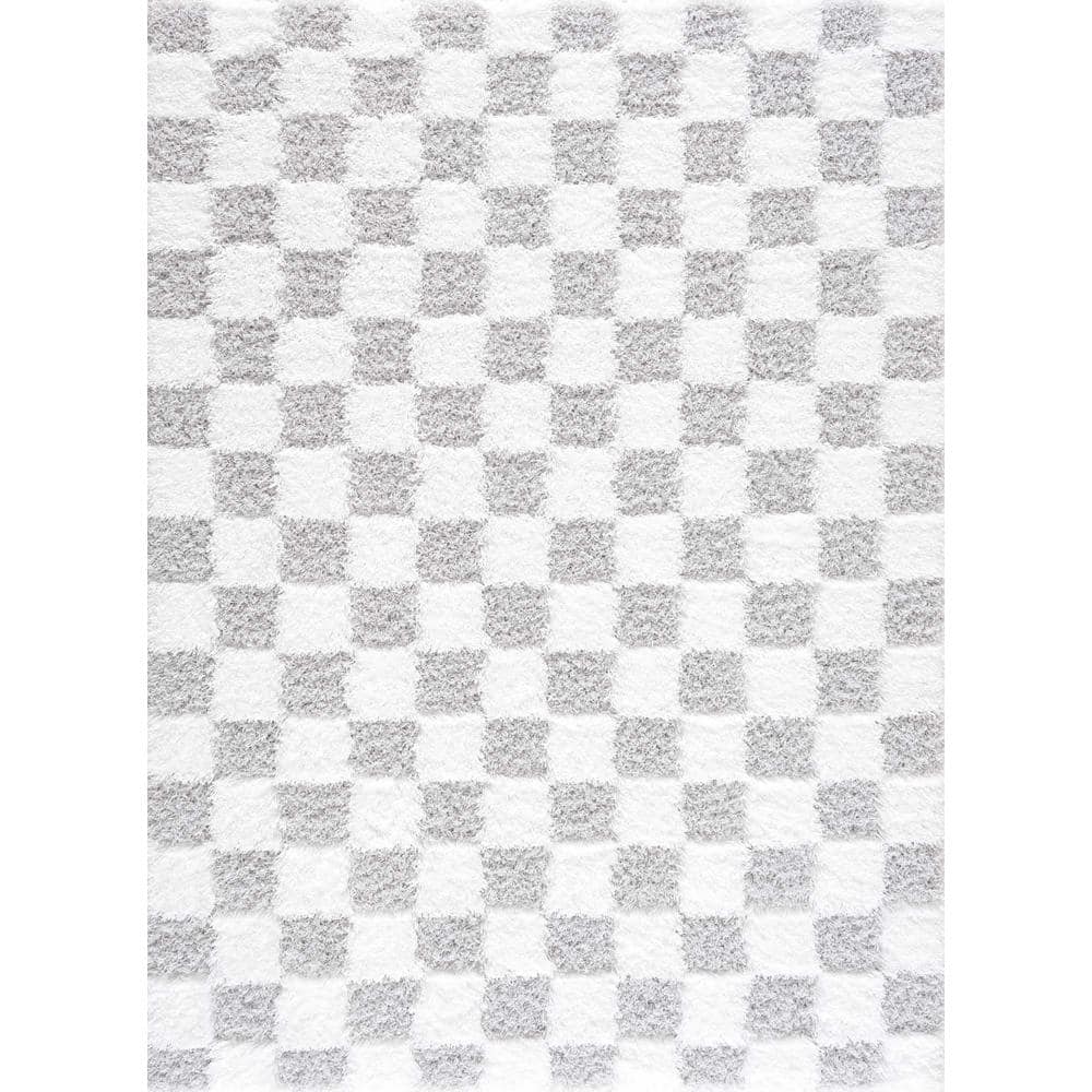 Atira Light Gray and Cream Checkered Shag Area Rug 5'3" x 7'3"