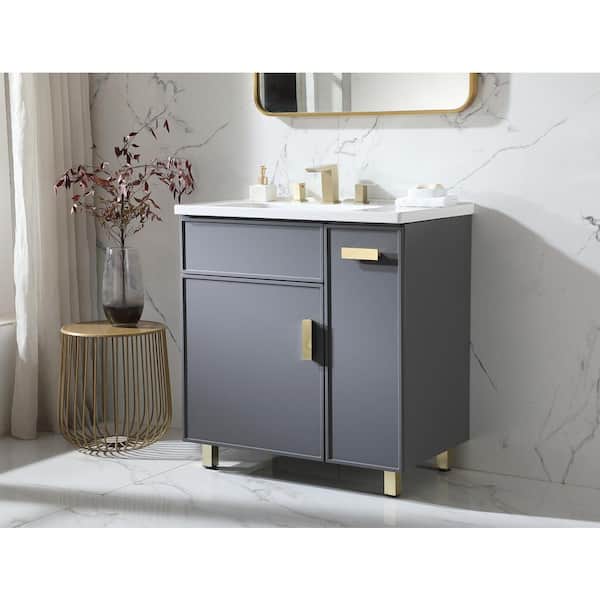 VAPSINT 31 in. W x 19 in. D x 34 in. H Freestanding Bath Vanity in Gray with White Ceramic Sink