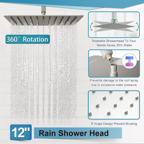 Single Handle 2-Spray Patterns 12 in. Square Ceiling Mount Rain Shower Heads with Hand Shower Faucet in Brushed Nickel