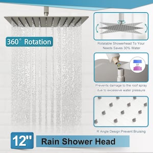 Single Handle 2-Spray Patterns 12 in. Square Ceiling Mount Rain Shower Heads with Hand Shower Faucet in Brushed Nickel