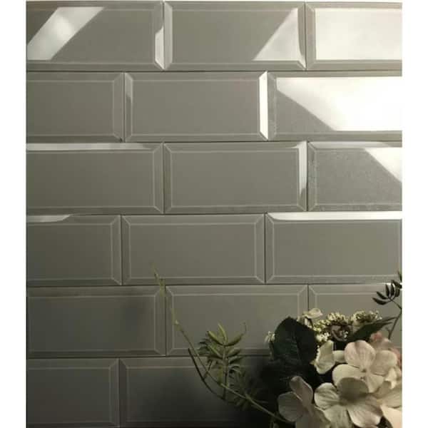 Frosted Elegance Gray 3 in. x 6 in. Beveled Glossy Glass Subway Wall Tile (0.125 Sq. Ft./Each)