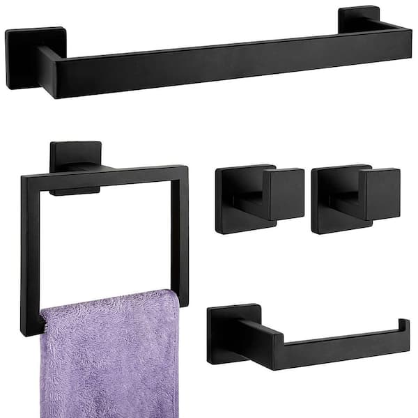 Wall Mounted 5 -Piece Stainless Steel Bathroom Hardware Accessories Set with Towel Bar, Towel Ring in Matte Black
