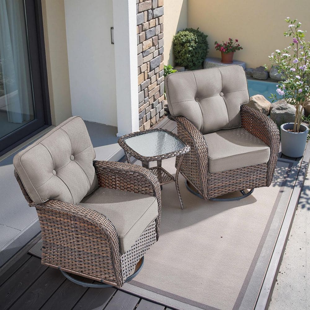 3-Piece Brown Wicker Patio Conversation Set, Outdoor Swivel Chairs and Side Table with Gray Cushions price history on PriceWatchPro