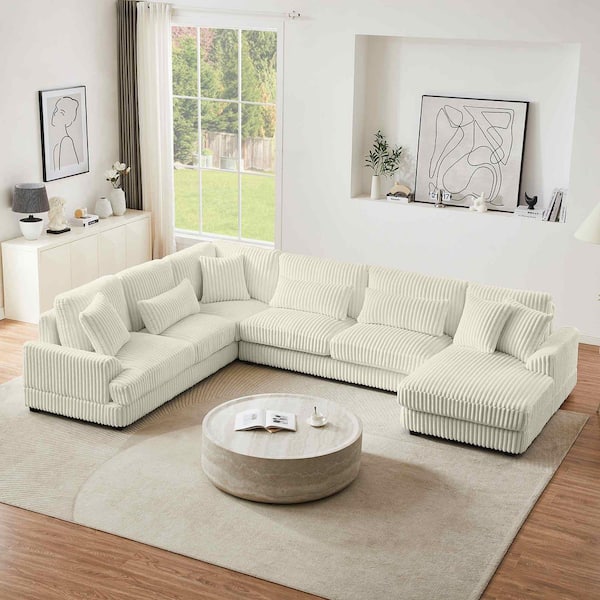 129.1 in. Square Arm Corduroy Sectional Sofa with a Chaise Lounge in. Beige