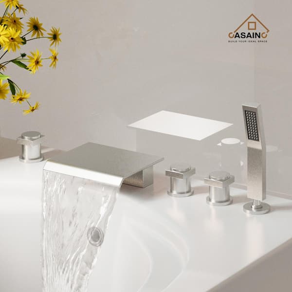 3-Handle Deck Mount Roman Tub Faucet with Stainless Steel Hand Shower in Brushed Nickel