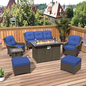 7-Piece Wicker Patio Conversation Set with Fire Pit Table, Blue Cushions, and Swivel Chairs