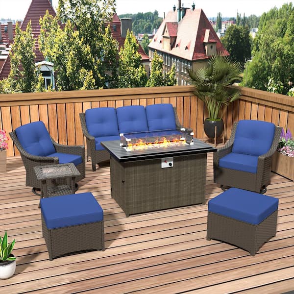 INMITOM 7-Piece Wicker Patio Conversation Set with Fire Pit Table, Blue Cushions, and Swivel Chairs