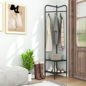 Black Corner Coat Rack with Shelves Freestanding Hall Tree and Top Hanger