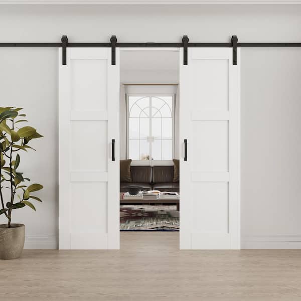 48 in. x 80 in. Paneled 3 Lite White Primed MDF Sliding Barn Door with Hardware Kit