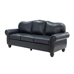 Macimo 81 in. Rolled Arm Genuine Leather Rectangle Transitional 3-Seater Sofa in Navy