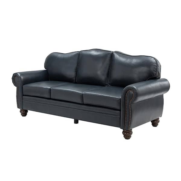 ARTFUL LIVING DESIGN Macimo 81 in. Rolled Arm Genuine Leather Rectangle Transitional 3-Seater Sofa in Navy