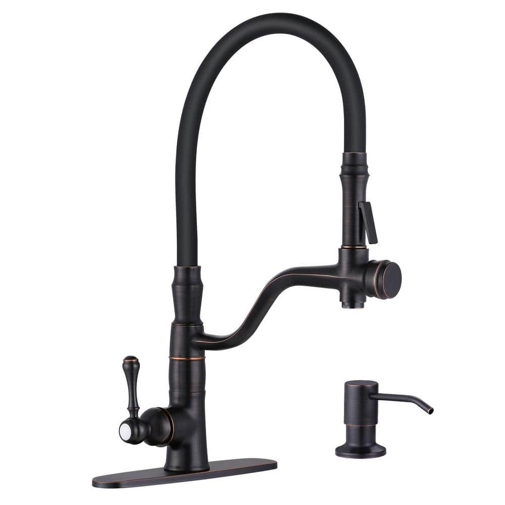 Brass Single Handle High-Arc Pull-Down Sprayer Kitchen Faucet with Soap Dispenser in Oil Rubbed Bronze