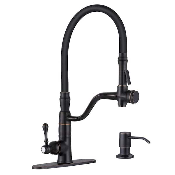 ARCORA Brass Single Handle High-Arc Pull-Down Sprayer Kitchen Faucet with Soap Dispenser in Oil Rubbed Bronze