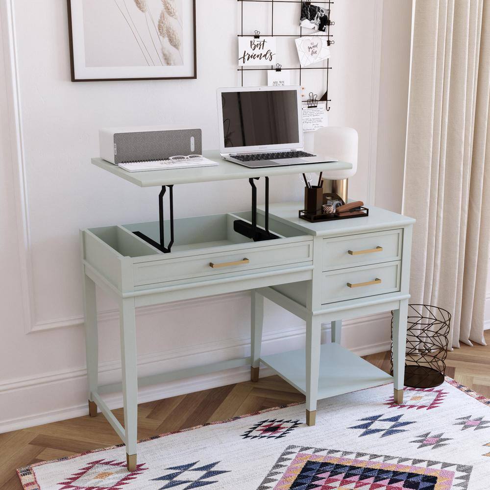 Pale Green Adjustable Height Wood Desk with Drawers