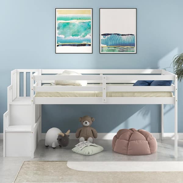 Brooke Minimalistic White Wood Frame Twin Size Loft Bed, Kids Bed with 2 Storage Steps, Guardrails
