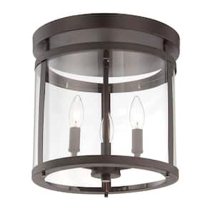 Penrose 12.5 in. W x 14 in. H 3-Light English Bronze Semi-Flush Mount Ceiling Light with Clear Glass Cylindrical Shade