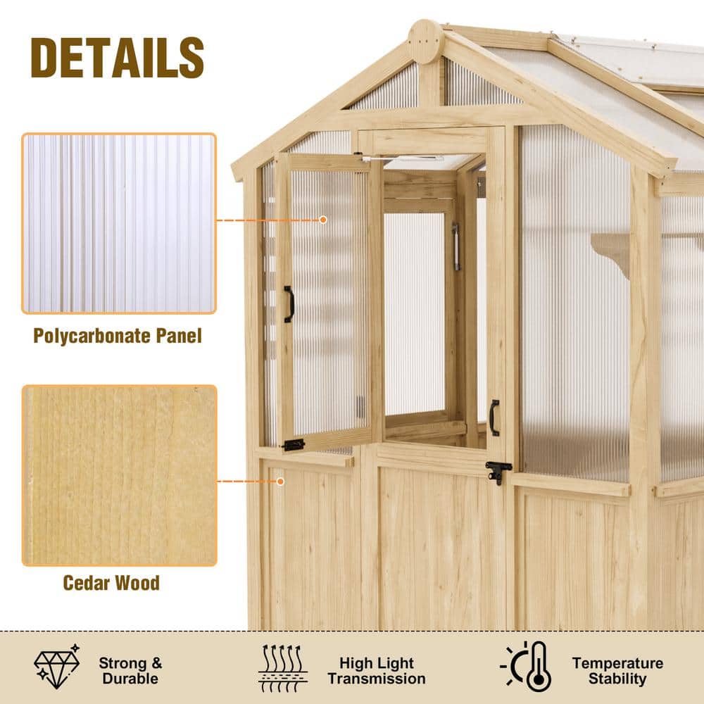 7x6 ft Beige Cedar and Polycarbonate Walk-In Greenhouse