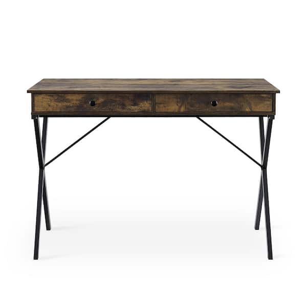 Unbranded 43.2 in. Brown MDF 2-Drawers Writing Desk with Black Stoving Varnsih Steel Frame