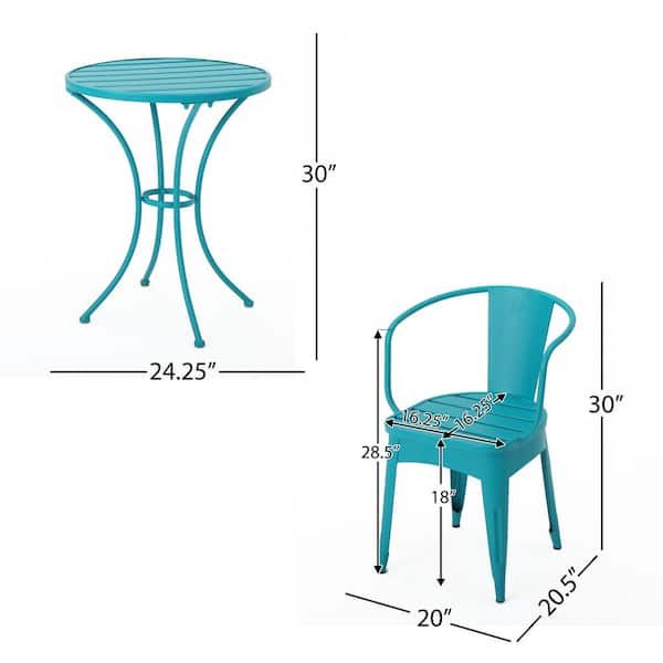 Noble House Matte Teal 3-Piece Metal Round Outdoor Patio Bistro