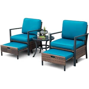 5-Piece Brown Wicker Luxury Patio Conversation Set with Ottoman and Blue Sponge Cushions