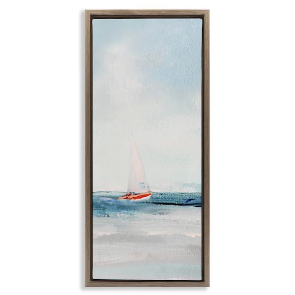 Sailboat in Distance by Sally Swatland Brown Floater Frame Coastal Graphic Art Print 31 in. x 15 in.