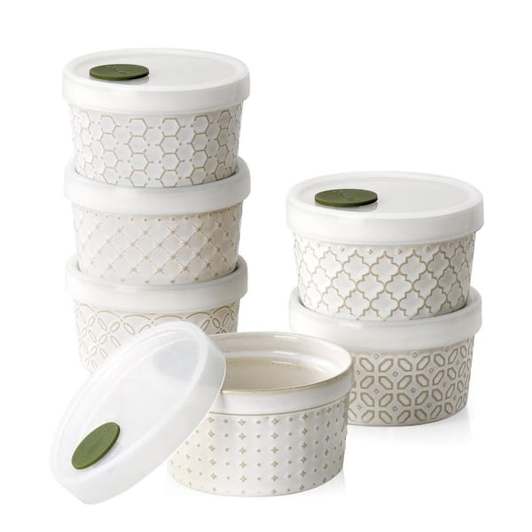 6 Piece Round Ceramic Ramekin Set with Silicone Lids Oven Safe Microwave Safe for Creme Brulee Souffle Custard