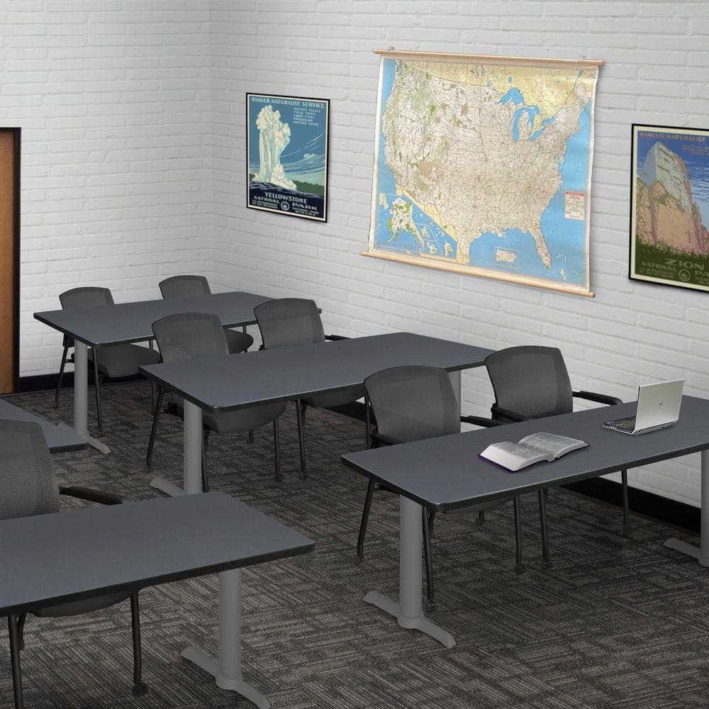 Cain 66 in x 24 in. Grey Table Top T-Base Training Seminar Table Desk, Grey Base and 2 Knight Mesh Chairs