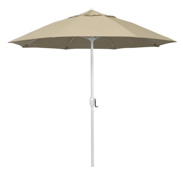 California Umbrella 9 ft. Matted White Aluminum Market Patio Umbrella Fiberglass Ribs and Auto Tilt in Antique Beige Sunbrella