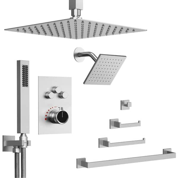 Multiplepress Single Handle 7-Spray Tub and Shower Faucet 2.5 GPM with Towel Rack Set in Brushed Nickel Valve Included