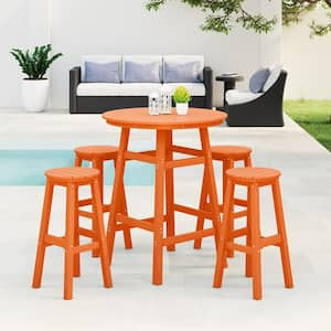 Laguna 5-Piece Bar Height HDPE Plastic Outdoor Patio Round High Top Bistro Dining Set in Orange