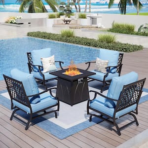 4 Seat 5-Piece Metal Steel Outdoor Patio Conversation Set with Blue Cushion, Rocking Chairs, Square Fire Pit Table